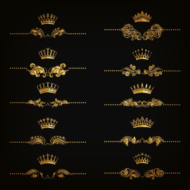 Vector set of filigree damask ornaments. floral golden elements, borders, dividers, frames, crowns