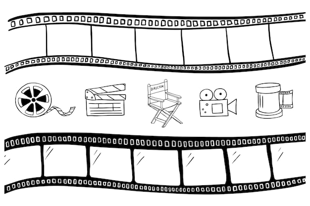 Vector set of film strips cinema flapper directors chair camera cinema tape hand drawn doodle style