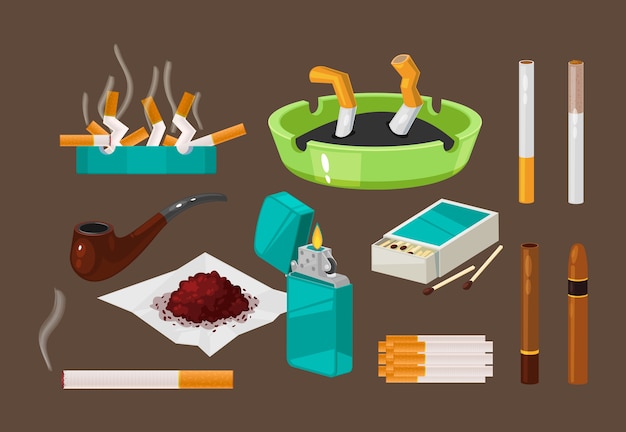 Vector set of filter cigarettes, cigars with tobacco in ashtray, nicotine.