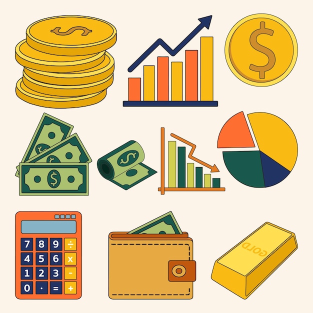 Set of Finance and Business Objects Simple Flat Lined Illustration