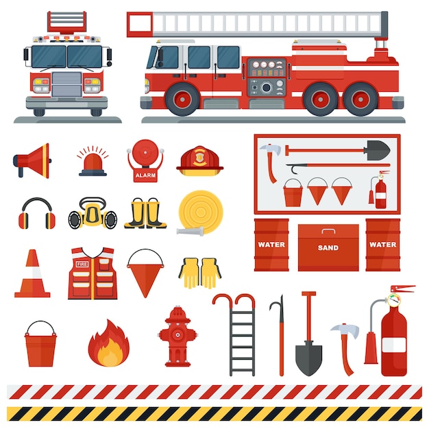 Набор пожарного оборудования Векторные инструменты пожарного человека Плоское мультяшное пожарное оборудование