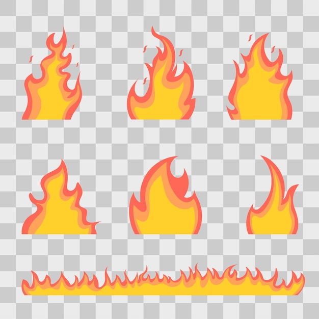 Set of fire flames isolated on a transparent background