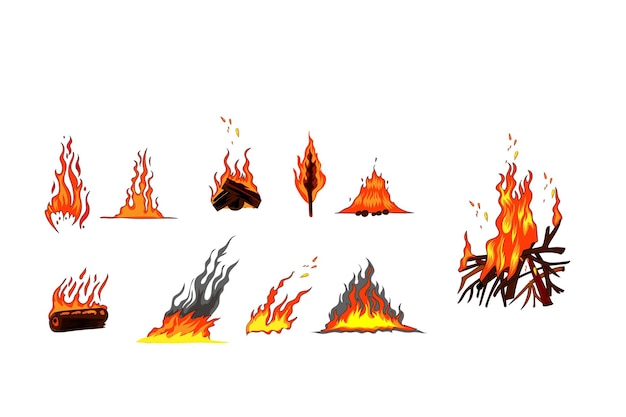 Vector a set of fire icons with the words fire on the bottom.