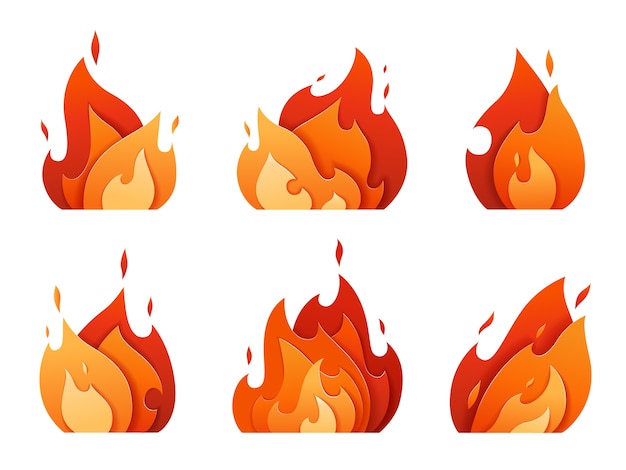 Vector set of fire logos carved out of paper. bright flame from different layers.