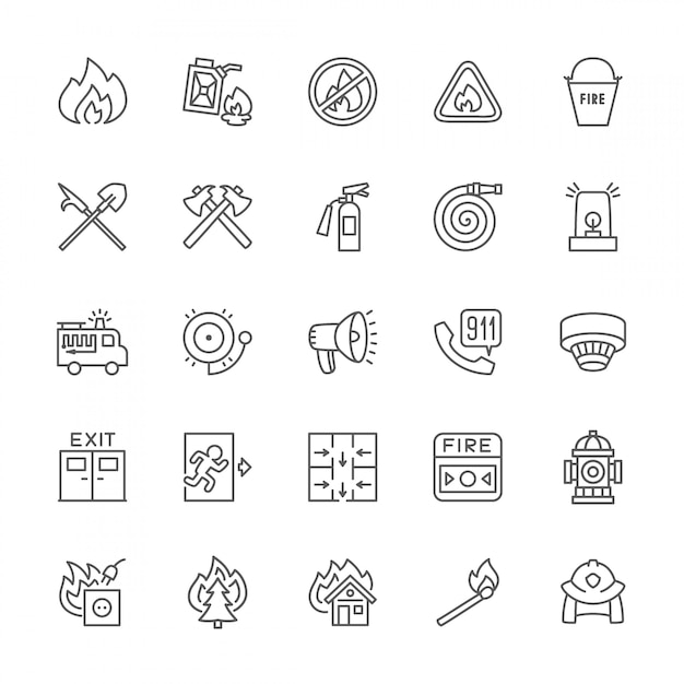 Set of firefighter line icons. fireman, evacuation plan, hydrant and more.