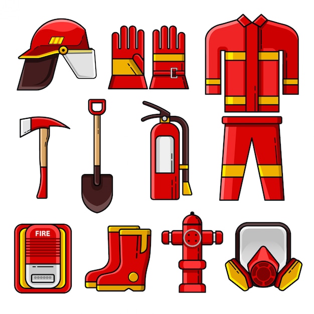 Set of firefighter safety gear icons and elements