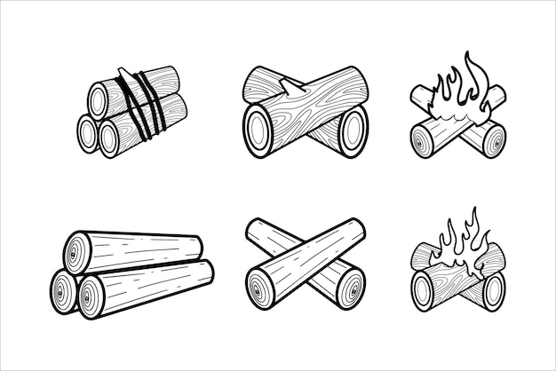 Set of Firewood Outline Line Art Illustrations