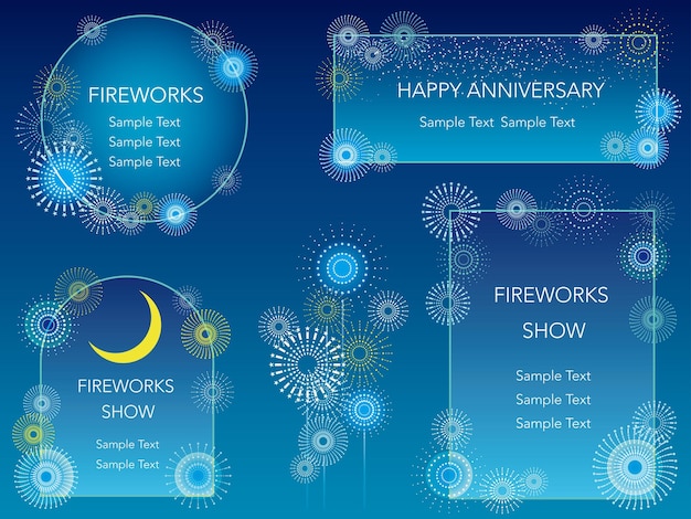 紺色の背景にテキストスペースと花火フレームのセットベクトル図
