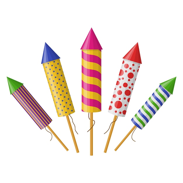 Set of firework rockets. Collection of firecracker for party. Pyrotechnic colorful icon set.