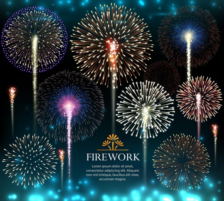 花火、お祝いのバナー、休日のイラストへの招待のセット