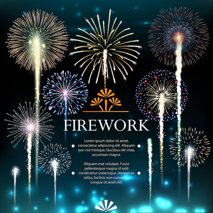 花火、お祝いバナー、休日への招待状のセットです。図