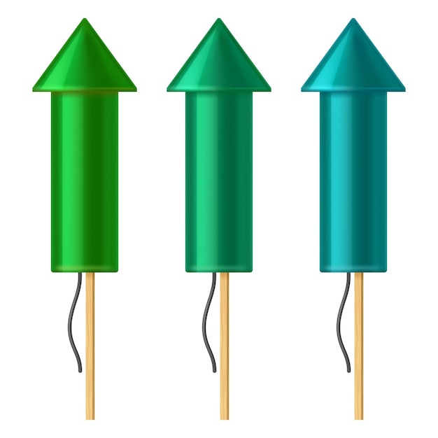 Vector set of fireworks rockets, different colors. holiday pyrotechnic firecrackers. festive light symbol.