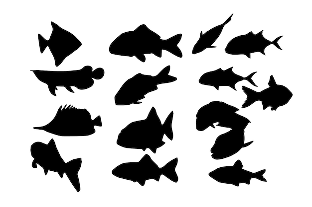 Set of fish characters and its silhouette on white background