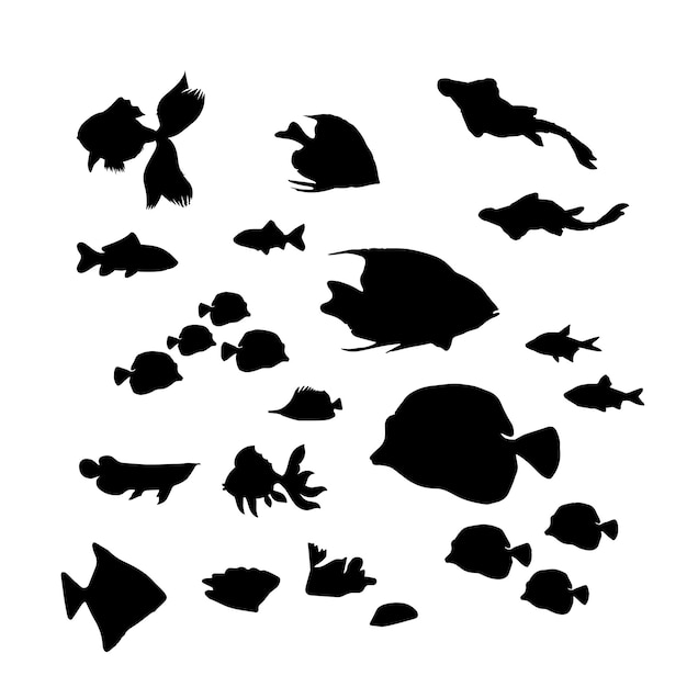 Set of fish characters and its silhouette on white background