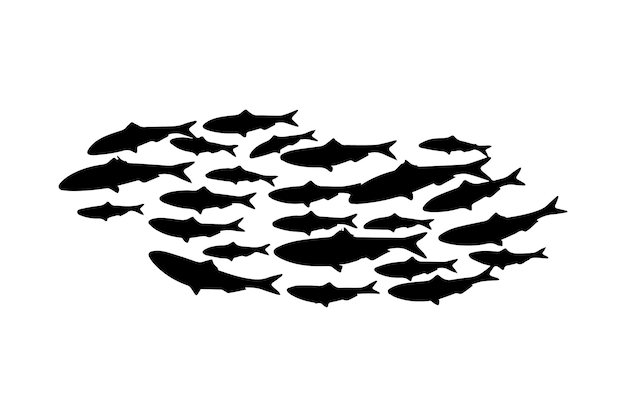 Set of fish characters and its silhouette on white background