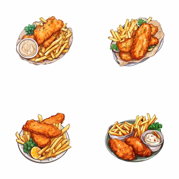Vector set of fish and chips vector illustrations