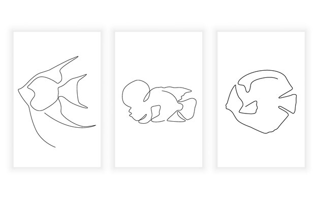 Vector set of fish and sealife aquarium line art and continuous line concept for logo design