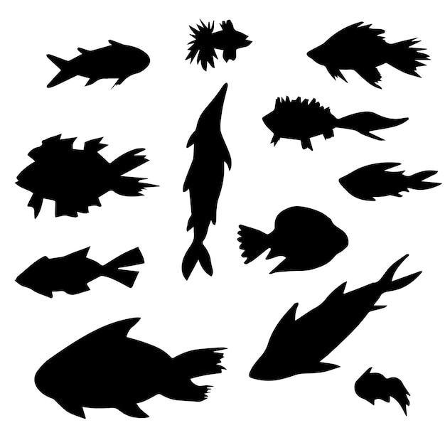 白い背景で隔離の魚のシルエット魚のシルエットコレクション要素のセット