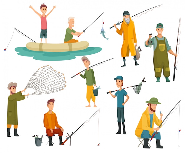 Набор рыбаков, ловящих рыбу с удочкой. Рыболовные снасти, отдых и хобби ловля рыбы. Рыбак с рыбой или в лодке, держащей сеть или удочку.