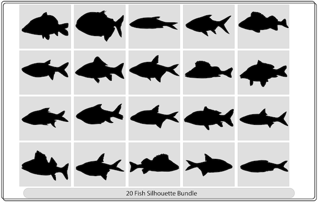 魚のシルエットのセット、魚のベクトルのアイコン。シーフードの図記号。ファームエレメントのロゴ