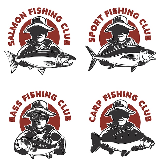 Set of fishing club labels templates. fisherman silhouette with fish.  elements for , emblem, sign, brand mark.  illustration.