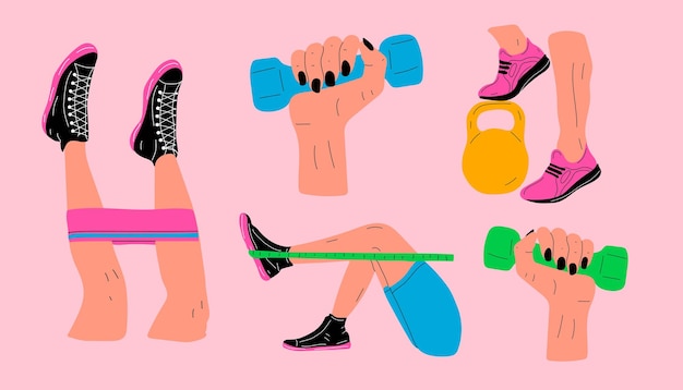 Set fitness exercises with a rubber band, kettlebell, dumbbell.sport revolution concept