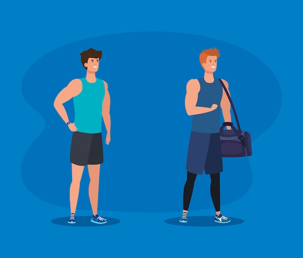 Vector set of fitness men with bag to exercise activity