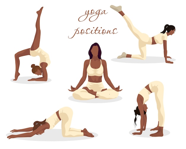 Vector set of five afro girls doing yoga stretching on white background in varous poses in same clothes