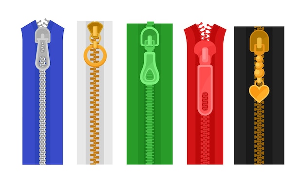 Vector set of five bright colorful closed zippers blue white green red and black ones with different kinds of pulls handbag flat vector illustration isolated on white background