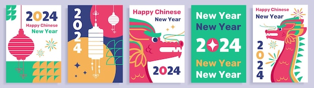 Set of five Chinese New Year posters greetings with 2024 New Year flat style posters with dragons