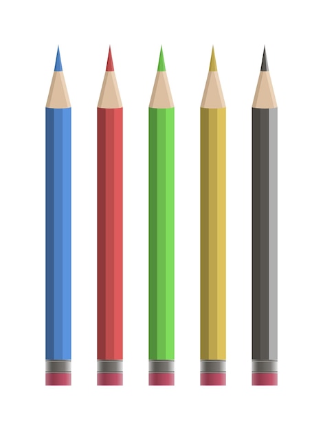 Set of five coloured pencils, black, blue, green, yellow and red, isolated on white background