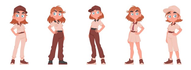 Vector set of five cute girls schoolgirls in beige and brown uniforms schoolgirls posing vector cartoon style