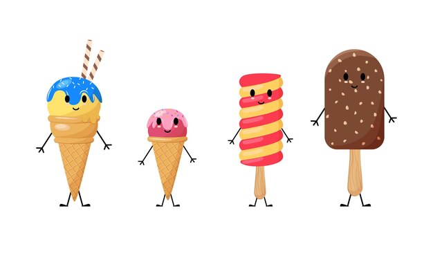 A set of five different sweet ice cream smiley on a background with text. Cartoon Style. Flat