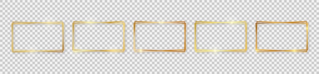 Set of five double gold shiny rectangular frames with glowing effects and shadows on transparent background vector illustration