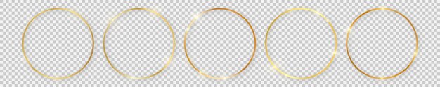 Vector set of five gold shiny round frames with glowing effects and shadows on transparent background vector illustration