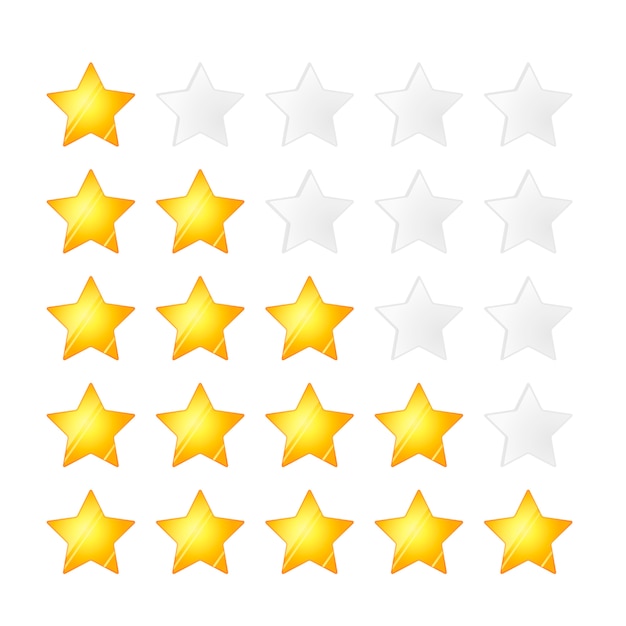 Set of five golden stars rating, isolated