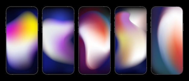 Set of five gradient liquid background for stories in social media realistic template on smartphone