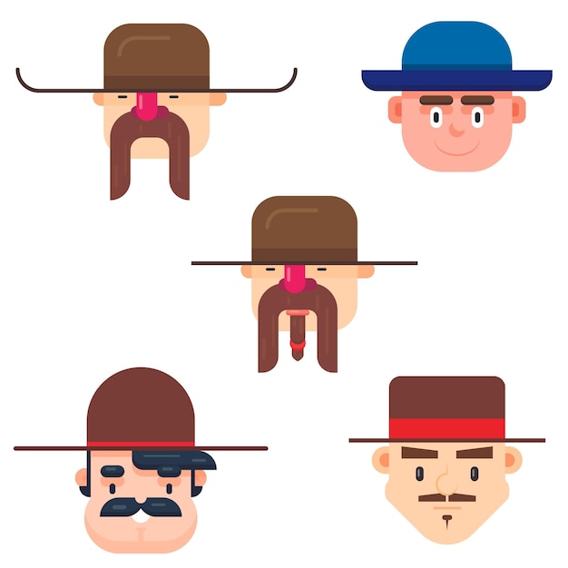 Набор из пяти лиц мужчины в длинной шляпе с различными стилями усов