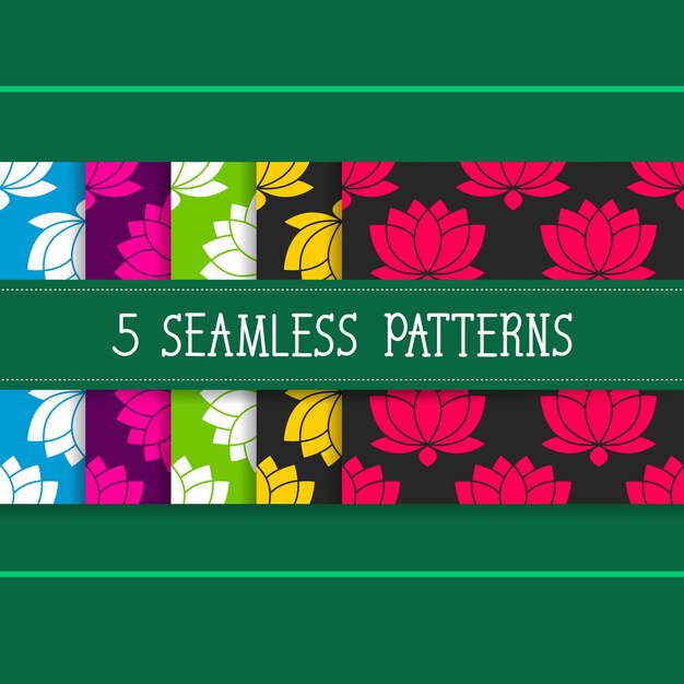 Set Of Five Seamless Patterns For Your Products And Business. Vector Illustration Of Lotus