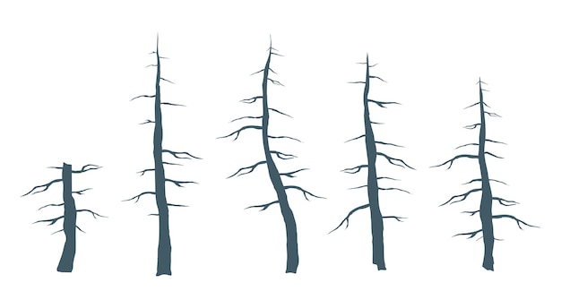Set of five silhouettes of dry trees. Dry wood