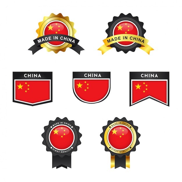 Set flag of china and made in china emblem badge labels