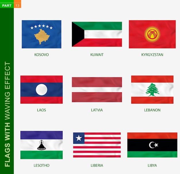 Set di bandiera con effetto sventolante, bandiera nazionale con texture. bandiera vettoriale di kosovo, kuwait, kirghizistan, laos, lettonia, libano, lesotho, liberia, libia