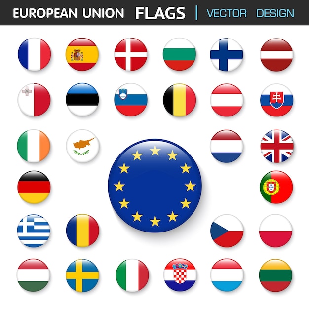 Vettore set di bandiere dell'unione europea e dei membri nell'illustrazione dell'elemento di design di botton stlyevector