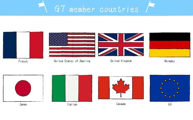 Vector set of flags of g7 member countries handpainted style