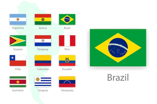 Set of flags of South American countries in proportion 23 with names and shadow