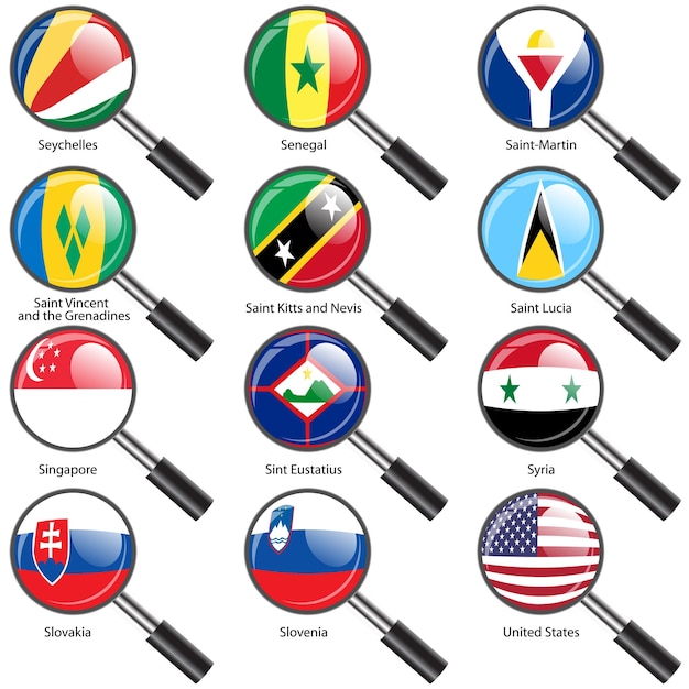 Set Flags of world sovereign states magnifying glass Vector il