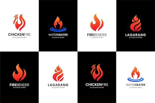 Vettore set di combinazione di vettori di fiamme e fuoco per il design del logo premium