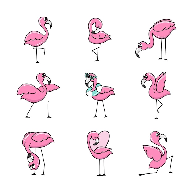 Set of flamingos Cute pink flamingo bird Set of stickers for design