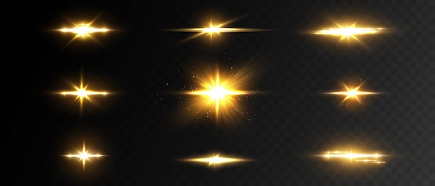 A set of flares bright lights and sparkles on a transparent background Golden flashes and glare