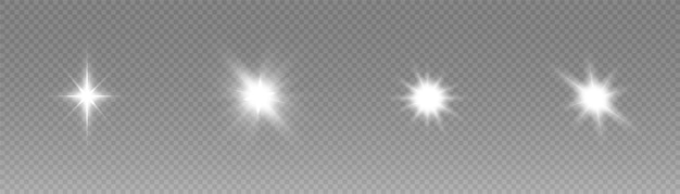 Una serie di bagliori di luci e scintillii su uno sfondo trasparente lampi bianchi e bagliori